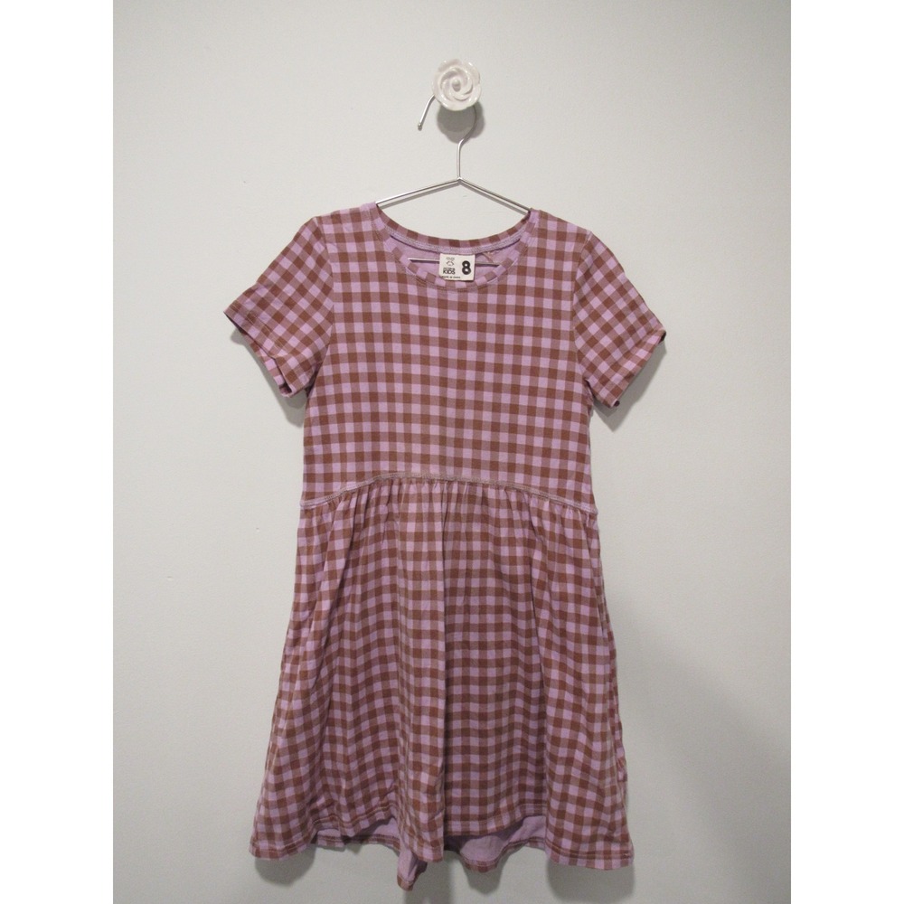 Cotton On Kids Girls Gingham Check Dress Purple Brown Short Sleeve Size 8